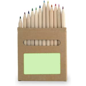 A pencil set in a kraft box featuring a variety of coloured wooden pencils with a brand logo on the packaging.