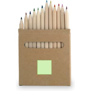 A pencil set in a kraft box, featuring wooden pencils in various colours, including blue, green, pink, and red.