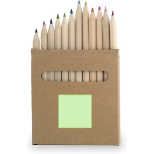 A pencil set featuring a range of coloured wooden pencils in a cardboard holder. There's a logo on the packaging.