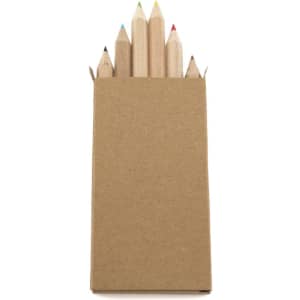 A pencil set featuring six coloured pencils in a simple cardboard box. Pencils have various vibrant hues on their tips.