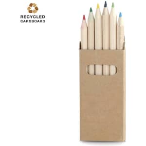 A pencil set featuring six pastel-coloured pencils in a recycled cardboard box with a handle.