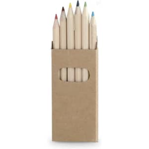 A pencil set with seven coloured pencils in a cardboard holder, featuring red, yellow, blue, and green.