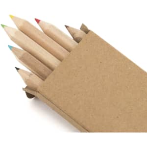 A pencil set in a brown cardboard box, featuring six pencils in various colours: red, blue, green, yellow, and black.