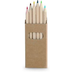 A pencil set in a brown cardboard holder, featuring various coloured pencils on top.
