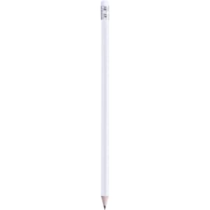 A grey-lead pencil with a white body, featuring a silver ferrule and eraser at the top.