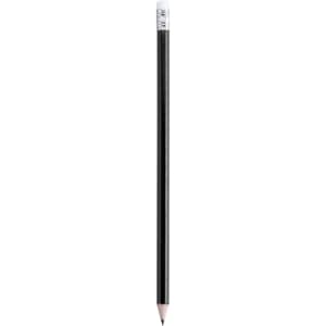 A grey-lead pencil with a black body and a silver eraser at the top. The pencil is unsharpened.