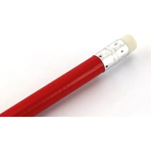 A red grey-lead pencil with a silver metal eraser at the top. It features a smooth finish.