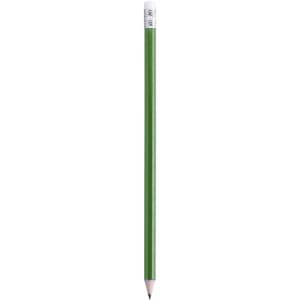 A green grey-lead pencil with a silver ferrule and eraser at the top.