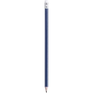 A grey-lead pencil with a blue barrel and a silver cap. Features a logo on the barrel.