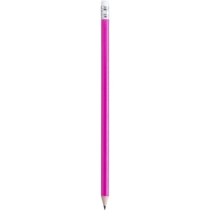 A bright pink pencil with a silver eraser at the top. Features a logo on the side.