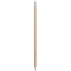 A grey-lead pencil with a wooden body and a silver ferrule. Features a pencil tip and an eraser.