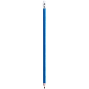 A blue pencil with a silver eraser tip, featuring a branding logo near the top.