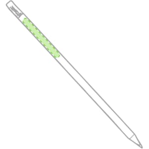 A grey lead pencil with a green grip section and a logo on the barrel.