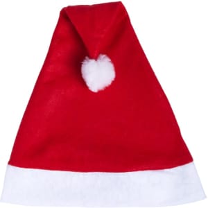 A red Santa hat with a white trim and a fluffy white pom-pom on top.