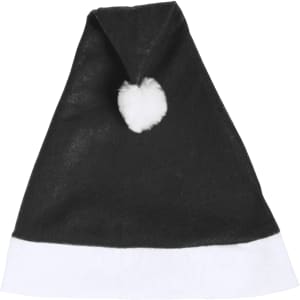 A black Christmas hat with a white brim and a fluffy white pom-pom at the tip, featuring a logo.