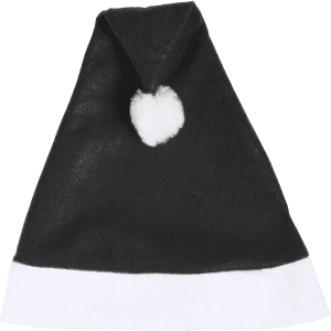A black Christmas hat with a white fur trim and pom-pom on the top. Features a logo.