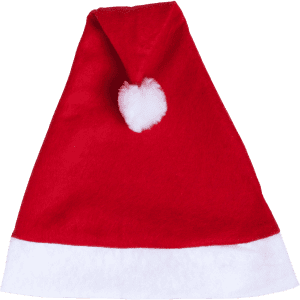 A red Santa hat with a white brim and pom-pom at the top, made from soft fabric.