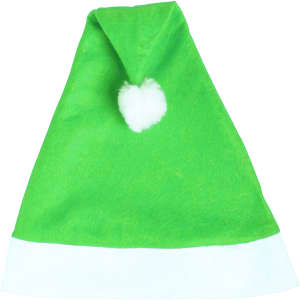A green Christmas hat with a white brim and a fluffy pom-pom at the top.