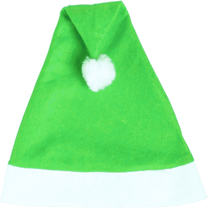 A bright green Christmas hat with a white band and a fluffy pom-pom on top.