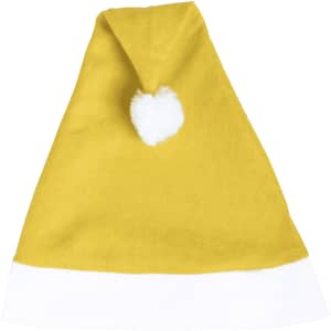 A yellow Christmas hat with a white brim and a fluffy pom-pom at the top, featuring a logo.