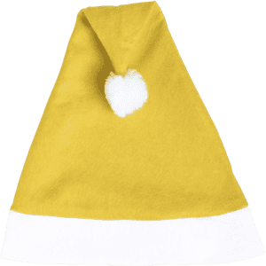 A yellow Christmas hat with a white brim and a fluffy pom-pom on top. It features a logo.