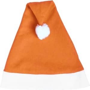 An orange Christmas hat with a white brim and a pom-pom decoration at the top.