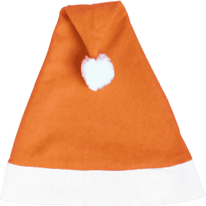 An orange Christmas hat with a white band and pom-pom at the top, suitable for festive occasions.