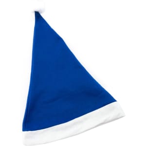 A blue Christmas hat with a white brim and pompom at the top, featuring a logo.