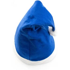 A blue Christmas hat with a white brim and a fluffy pom-pom on the tip, featuring a simple design.