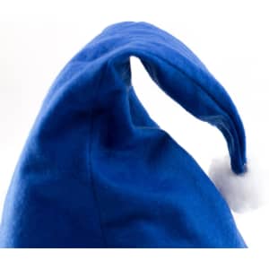 A blue Christmas hat with a pointed top and a white pom-pom at the tip.