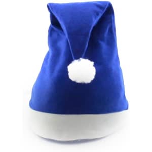 A blue Christmas hat with a white bottom and a fuzzy pom-pom on top. Suitable for festive occasions.