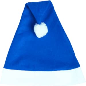 A blue Christmas hat with a white band and a fluffy white pom-pom on top. It has a logo on the inside.
