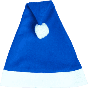 A blue Christmas hat with a white brim and a fluffy white pom-pom on top, featuring a branding logo.