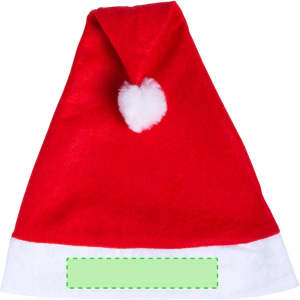 A red Santa hat with a white fur trim and a pom-pom on top. It features an area for branding or customisation.