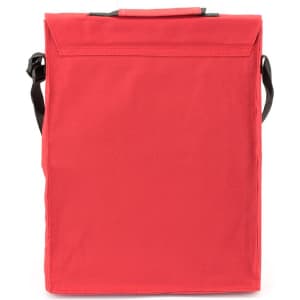 A red document bag with a flap closure and a shoulder strap. It features a logo on the front.
