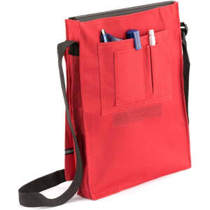 A red document bag featuring multiple pockets and a shoulder strap, including a brand logo.