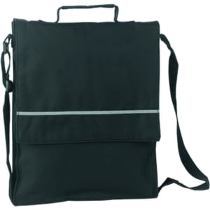 A black Milán Document Bag with a flap, adjustable shoulder strap, and a reflective strip. It has a handle on top and a logo.