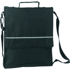 A black Milán Document Bag featuring a shoulder strap and a reflective strip on the front.