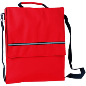 A red document bag with a shoulder strap and a front zip pocket. It features a handle for easy carrying.
