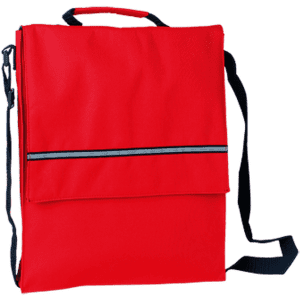 A red document bag with a front flap, zip closure, and an adjustable shoulder strap. It features a logo.