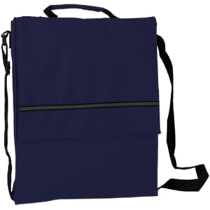 A navy blue document bag with a front zip pocket and a detachable shoulder strap. It features a handle and a logo.