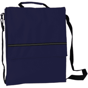 A navy blue document bag with a flap, zip closure, and an adjustable strap. It includes a branding logo.