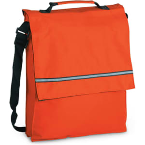 An orange document bag with a flap, featuring a shoulder strap and reflective strip. It has a logo on the front.