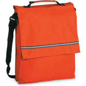 An orange document bag featuring a reflective stripe and a shoulder strap. It has a top handle for easy carrying.