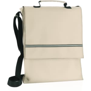 A light beige document bag with a black strap and handle, featuring a simple design and a front flap.