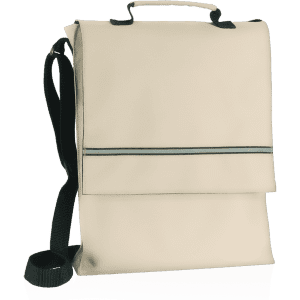 A cream-coloured document bag with a shoulder strap and a handle, featuring a simple design and a logo.
