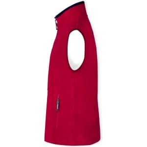 A red polar fleece vest with a high collar and an armhole, featuring a zip pocket and a logo.