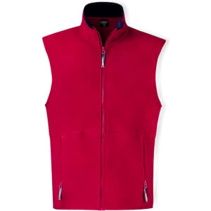 A red polar fleece vest featuring a high collar and zippered pockets. It includes a logo on the front.
