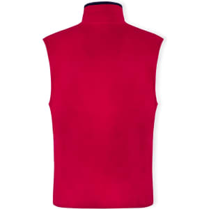A red polar fleece vest featuring a high collar and no sleeves, with a branding logo on the back.