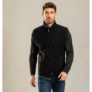 A black polar fleece jacket with a zippered front and long sleeves, featuring a logo on the chest area.